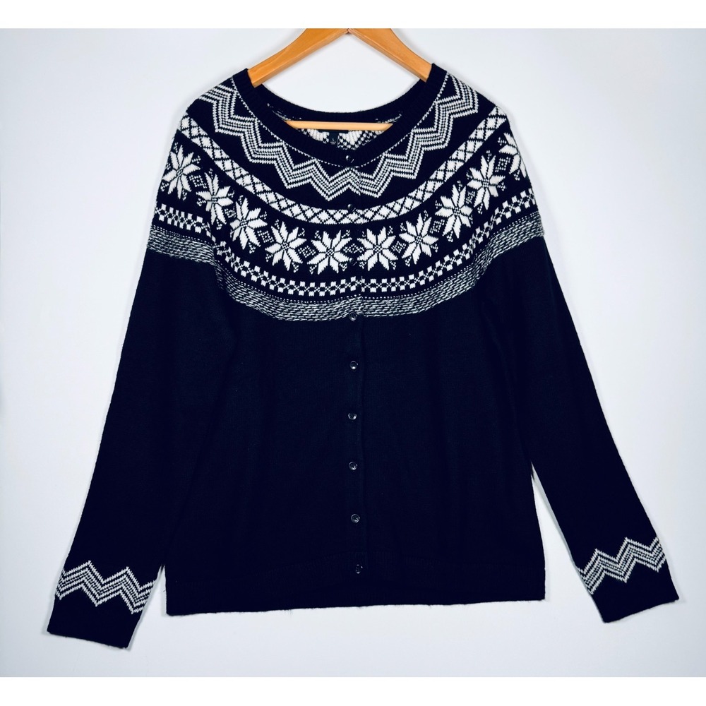 Talbots Cardigan Sweater Womens Large Black White Fair Isle Nordic Button Front‎
